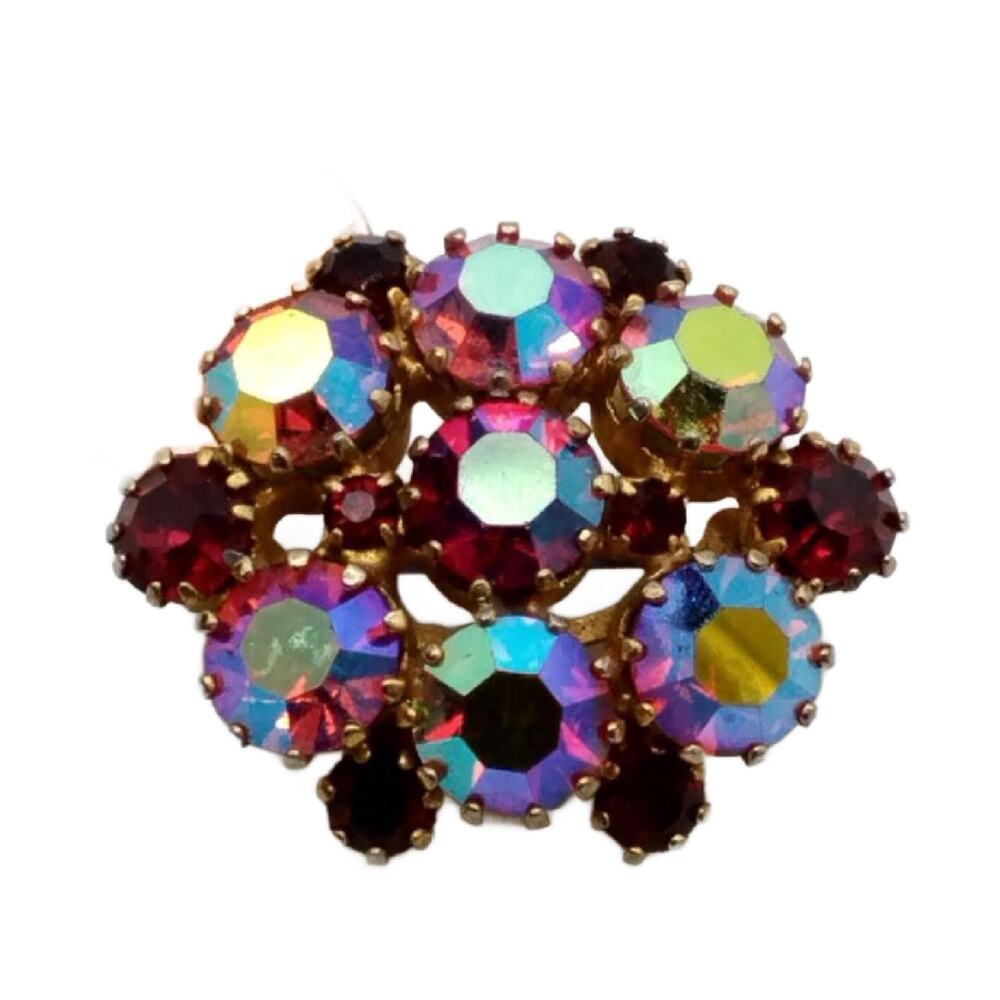 Vintage Red Aurora Borealis Cluster Brooch with Austrian Crystals, Signed Star
